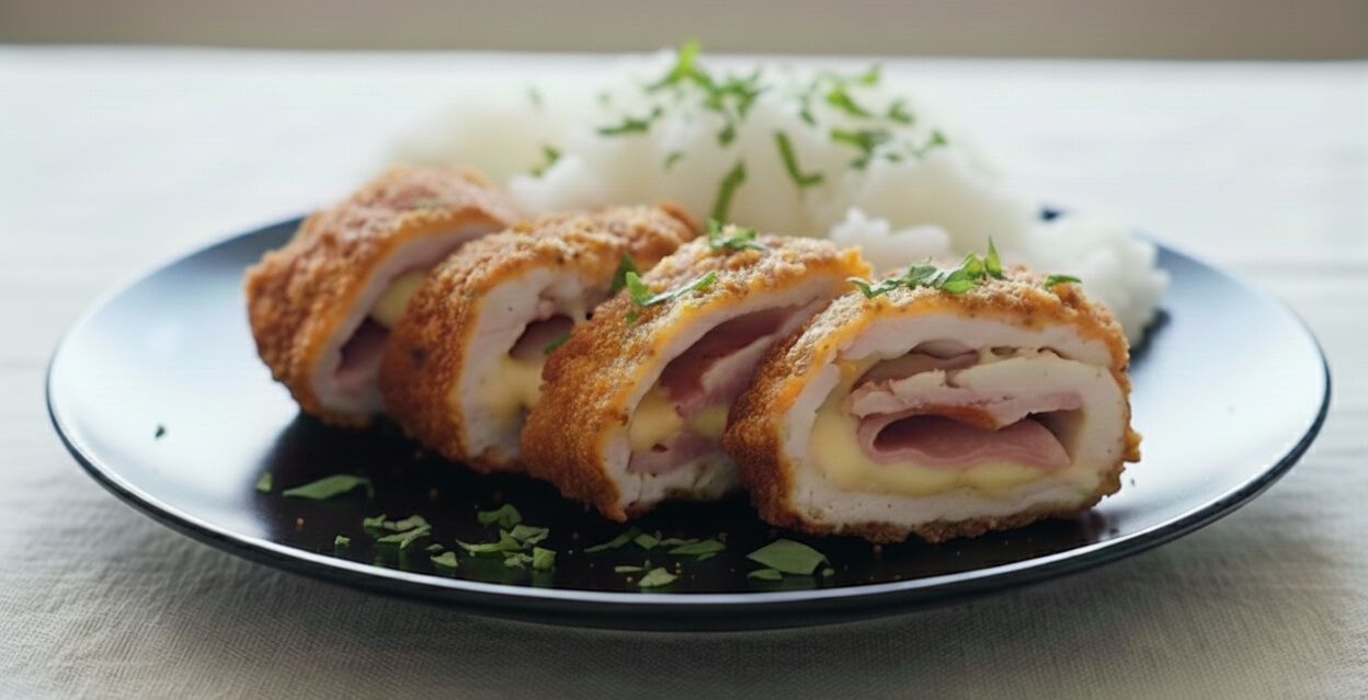 Sajttal–sonkával töltött csirkemell