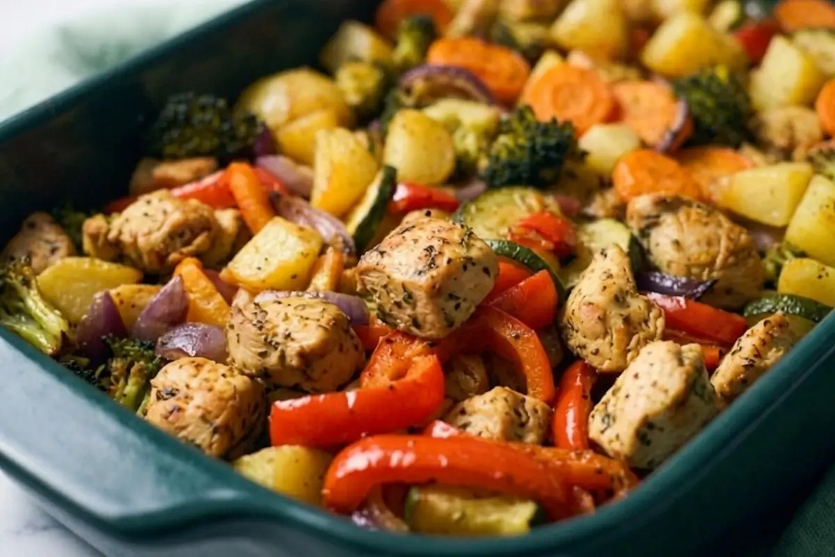 Tepsis csirkemell zöldséggel és krumplival recept