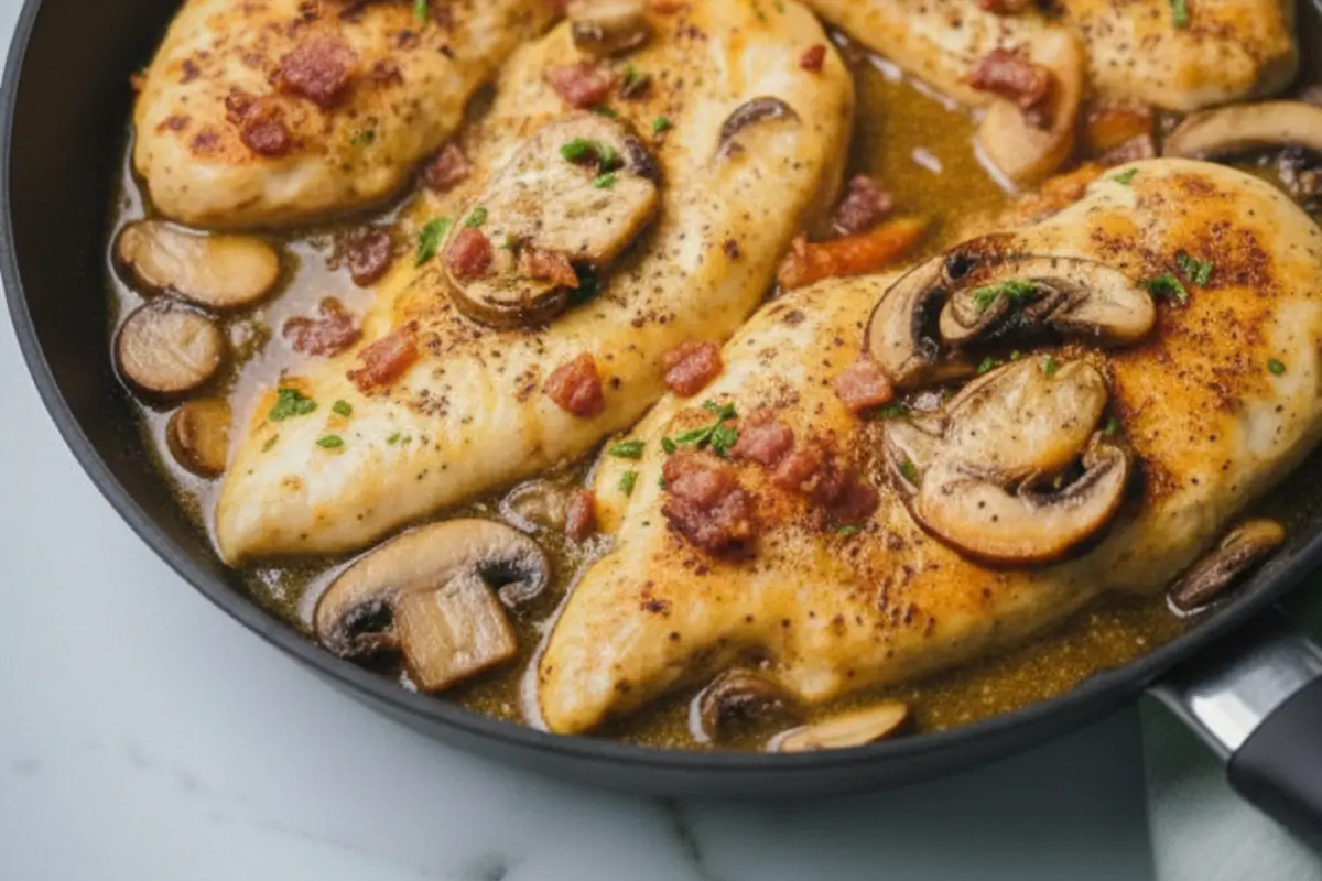 Fokhagymás-gombás csirkemell sült baconnal