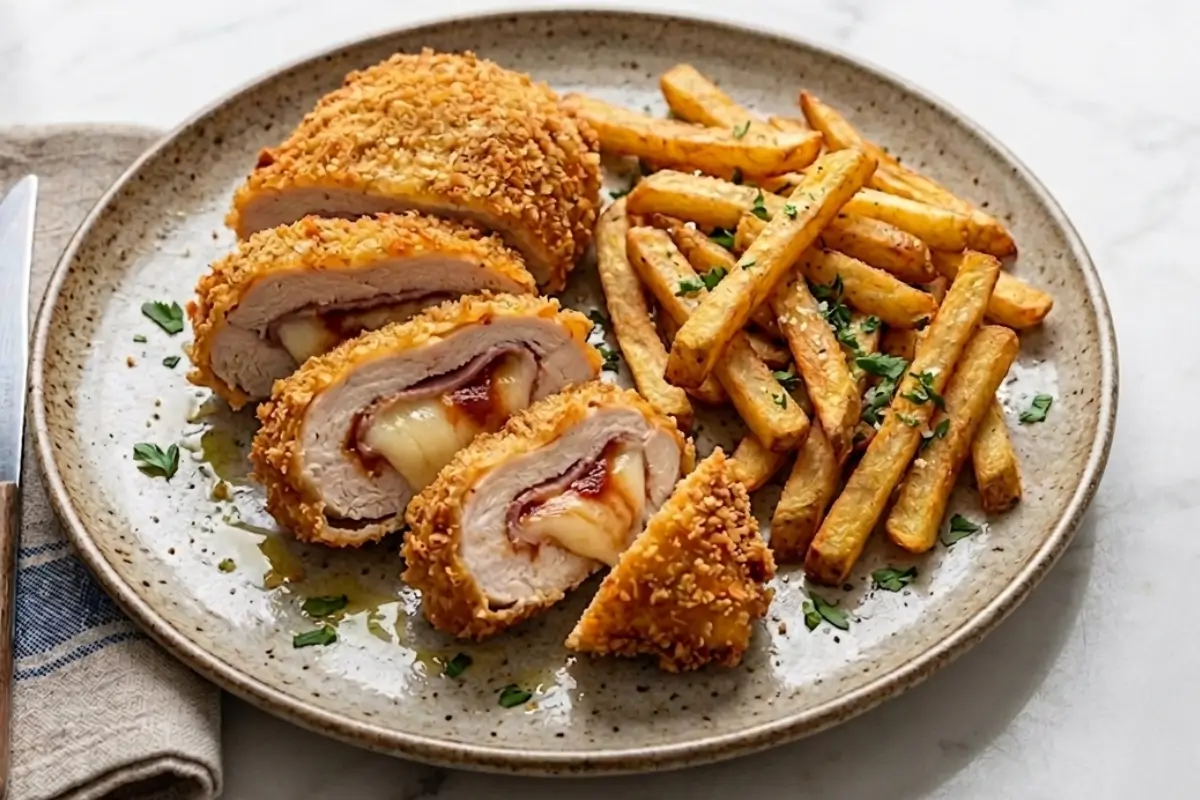 Sajttal sonkával töltött rántott csirkemell ketchuppal