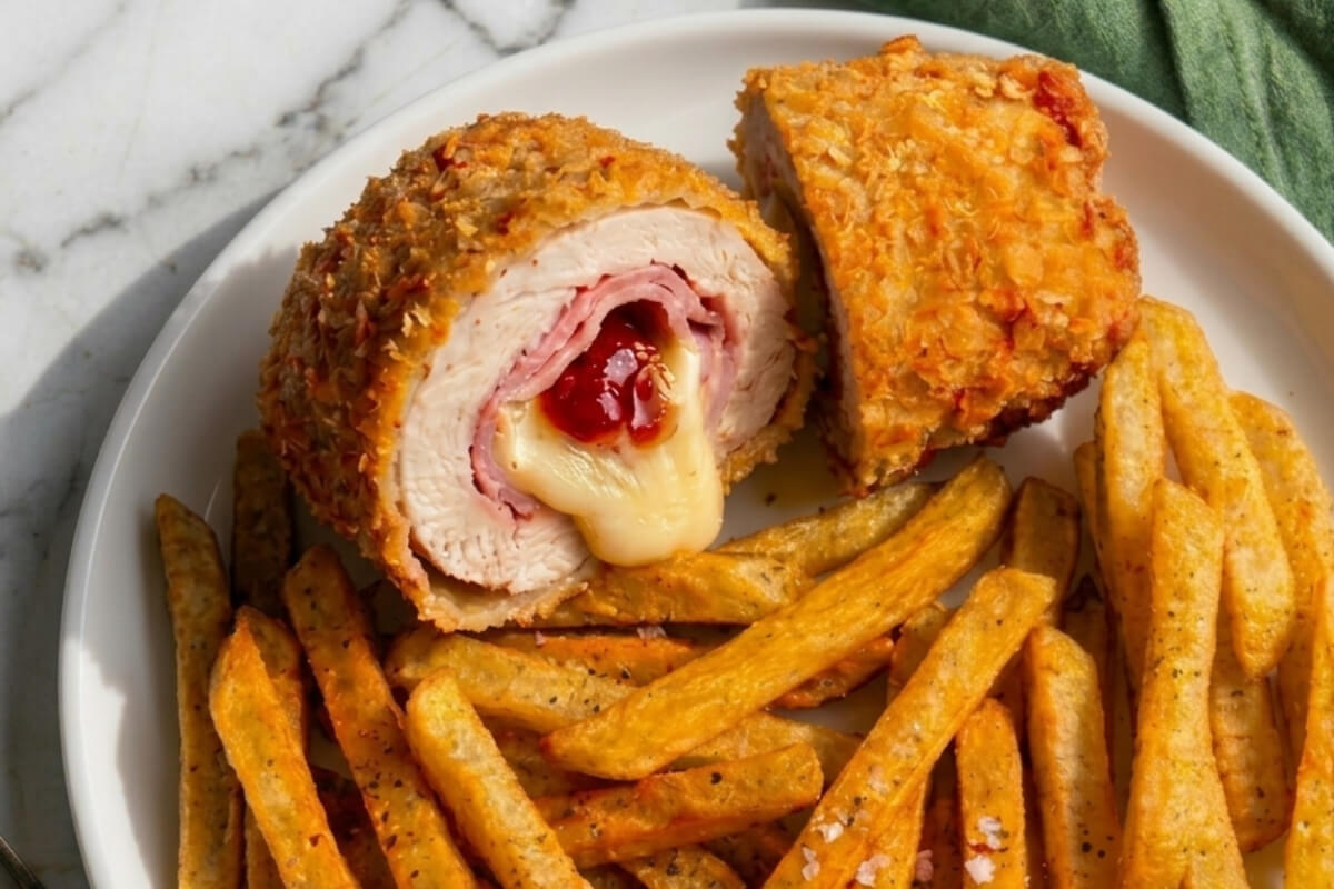 sajttal sonkával töltött rántott csirkemell ketchuppal