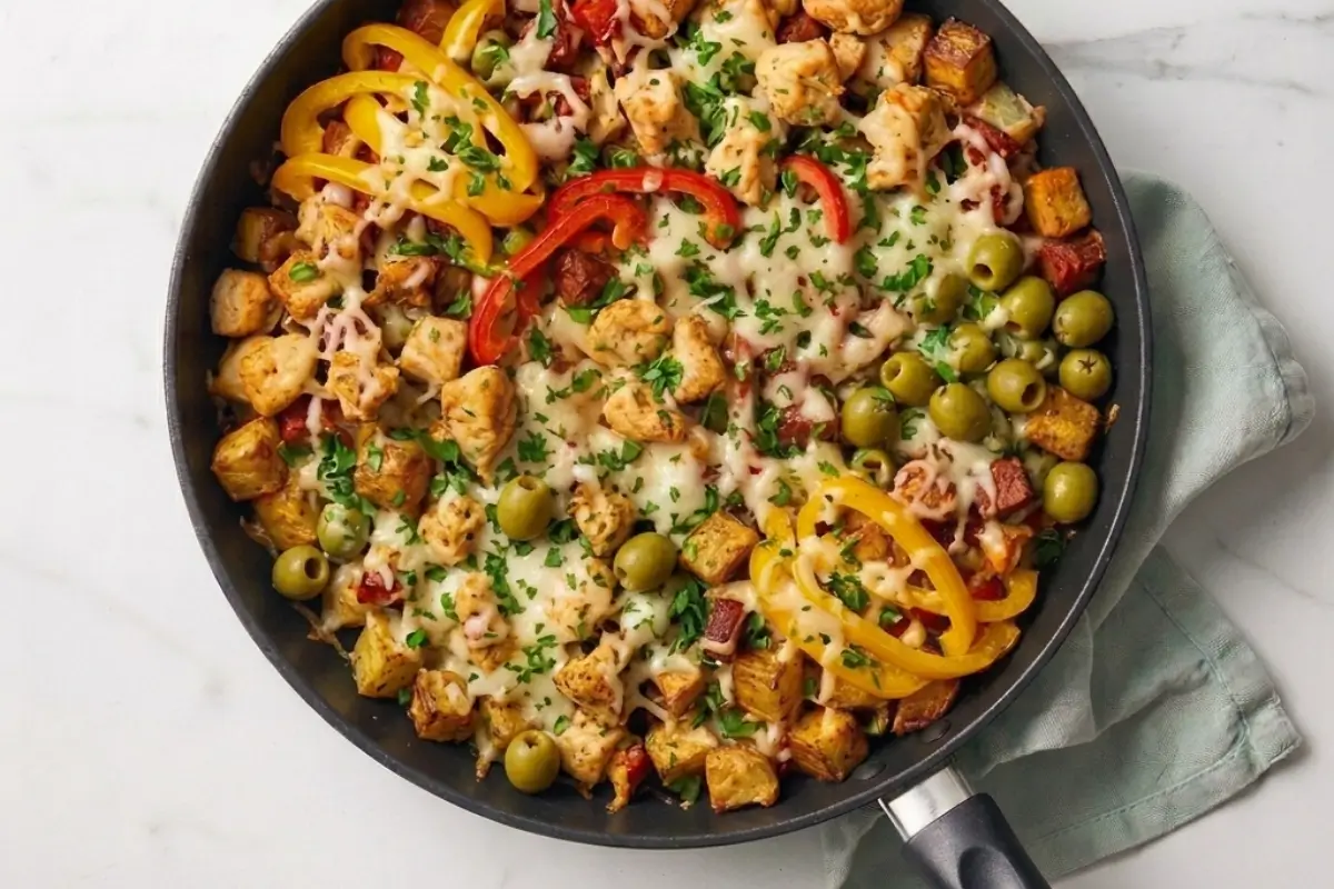 serpenyős csirkemell sült burgonyával és kolbásszal